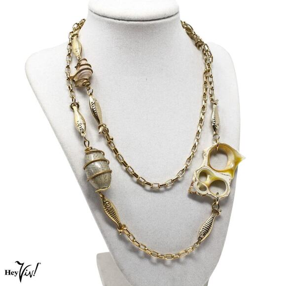 Vintage Necklace Gold Metal Chain Real Shells and Tiny Fish 38" Long - Hey Viv - Picture 1 of 7
